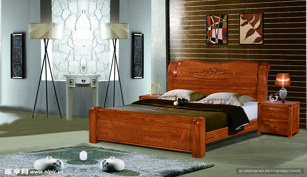 卧室实木床 窗帘  床头柜 家