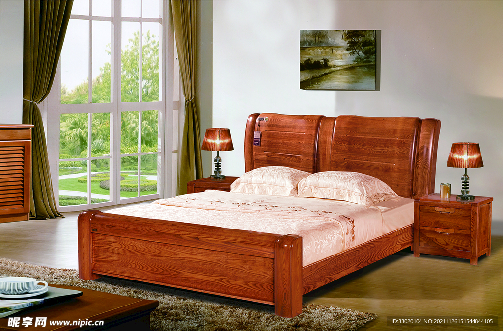 卧室实木床 家具背景 床头柜 