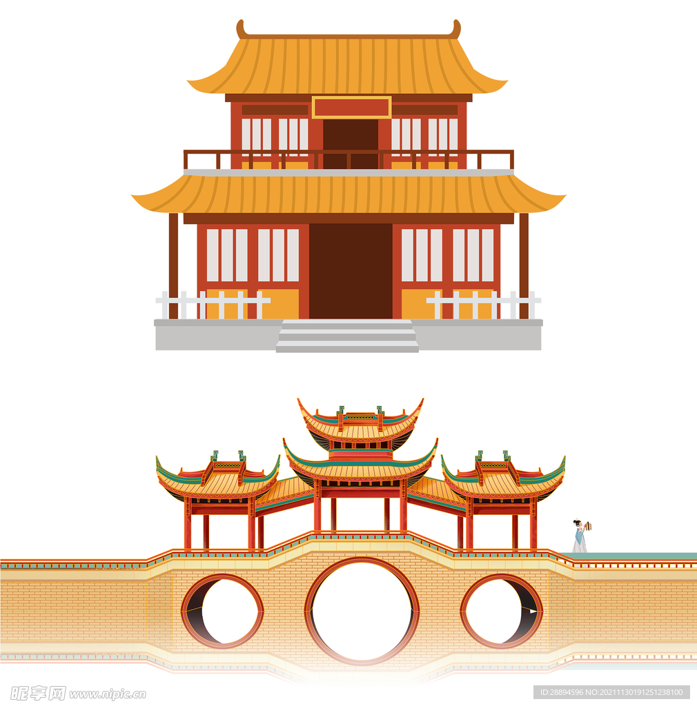 桥梁古建筑扁平风中国古寺