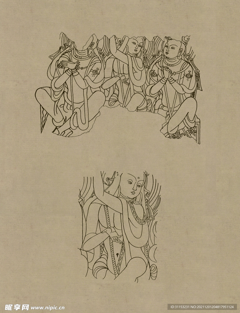 莫高窟敦煌壁画线描人物稿