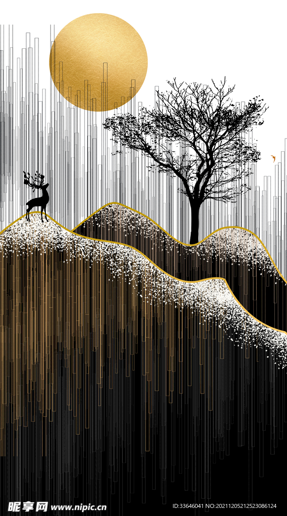 新中式麋鹿山水装饰画