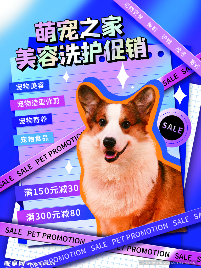 酸性风潮流宠物美容洗护促销海报