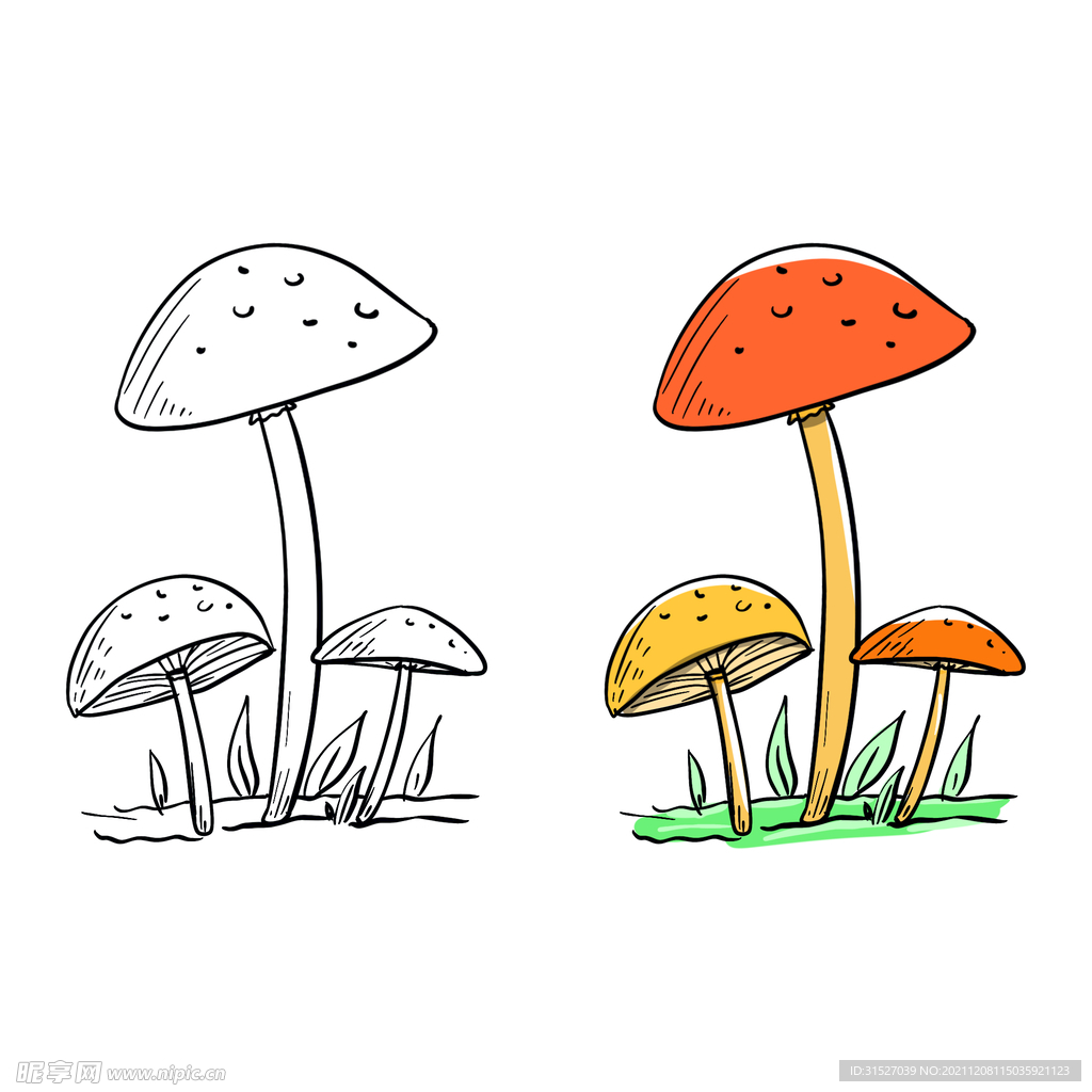 手绘儿童卡通填色简笔画蘑菇