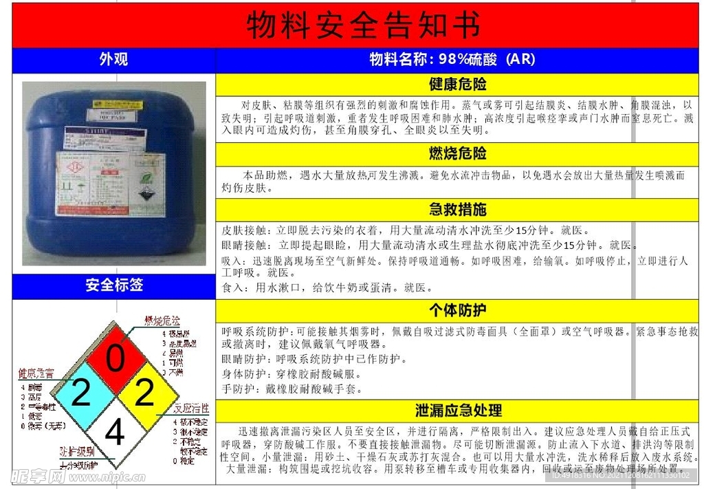 硫酸物料告知卡