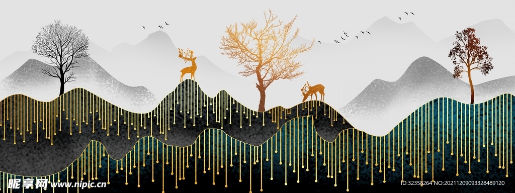 金色线条山水麋鹿装饰画
