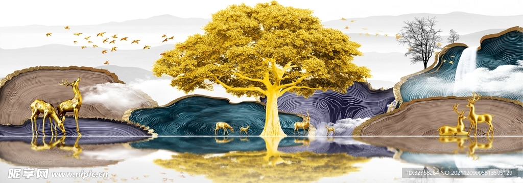 金色麋鹿意境山水晶瓷画