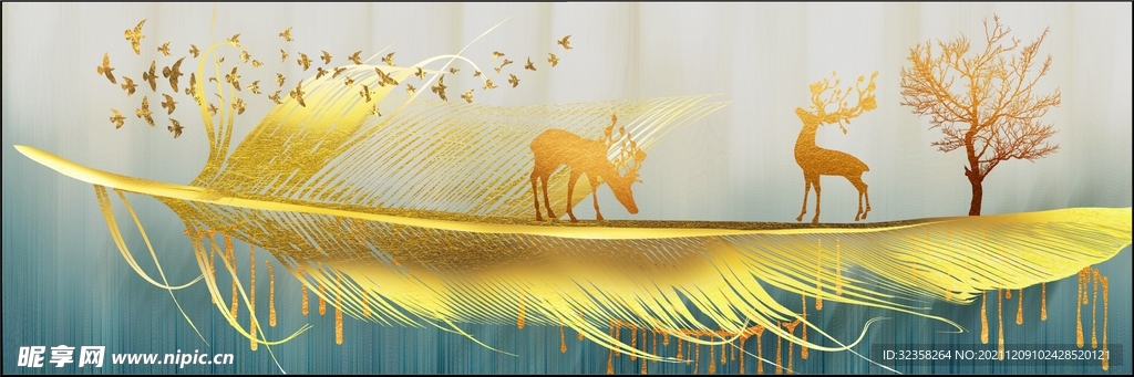 金色麋鹿山水羽毛晶瓷画