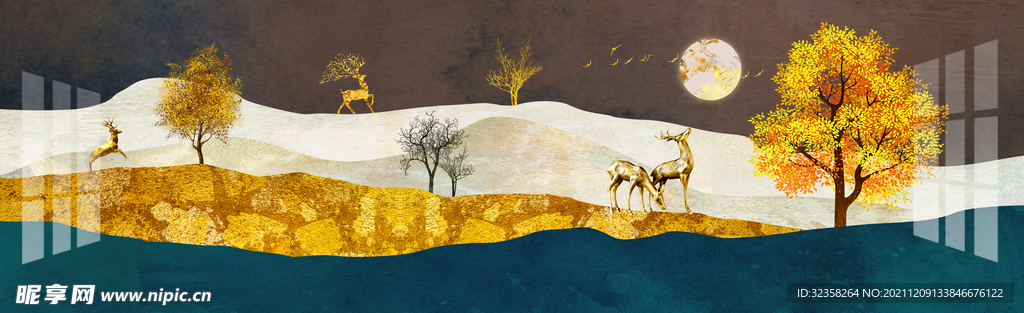金色山水麋鹿意境装饰画