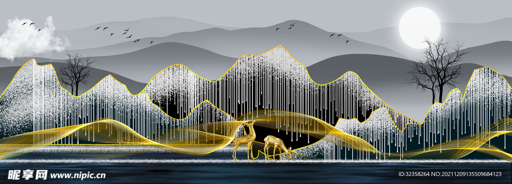 金色线条山水麋鹿晶瓷画