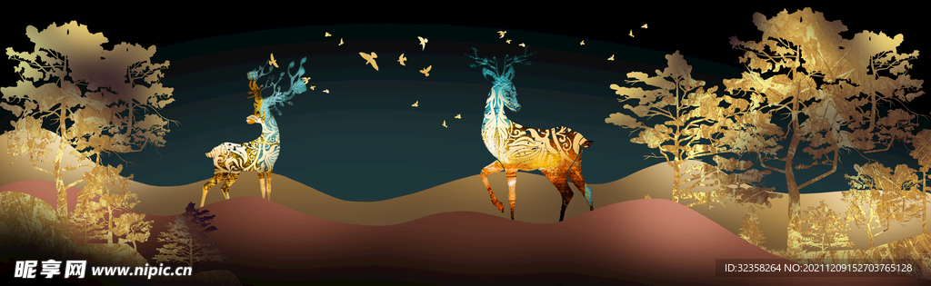 金色麋鹿山水装饰画