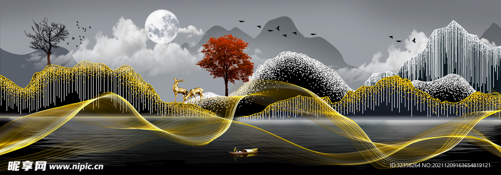 线条金色麋鹿意境山水装饰画