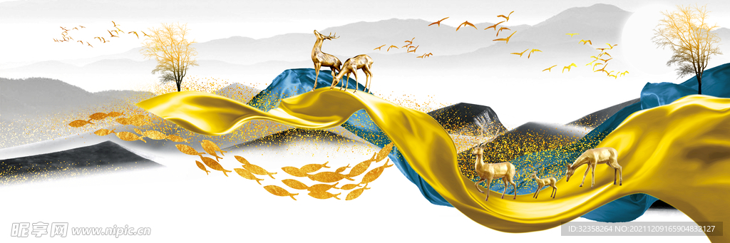 金色飘带麋鹿意境山水装饰画