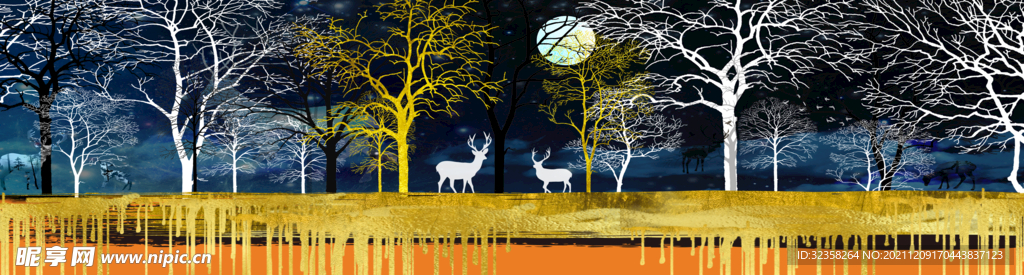 金色森林麋鹿山水装饰画