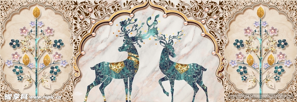珐琅彩麋鹿意境装饰画