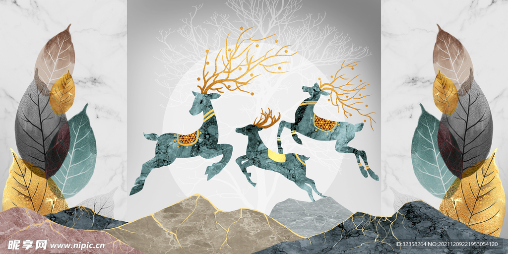 树叶金色麋鹿意境山水晶瓷画