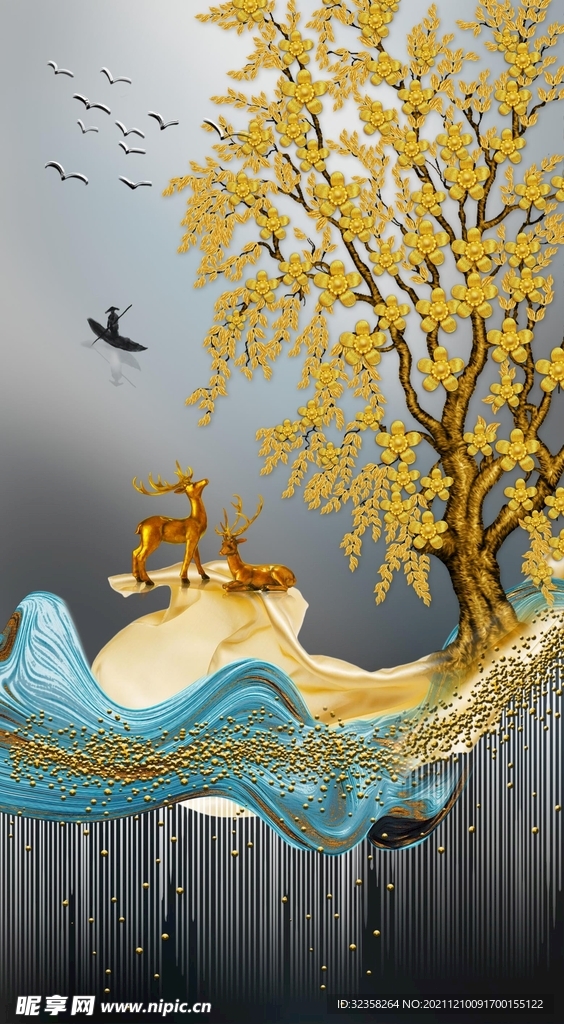 麋鹿线条金色山水玄关