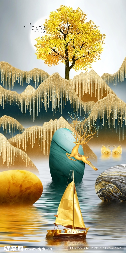 一帆风顺金色麋鹿意境山水装饰画