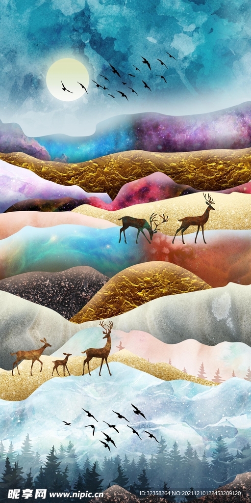 金色麋鹿意境山水装饰画