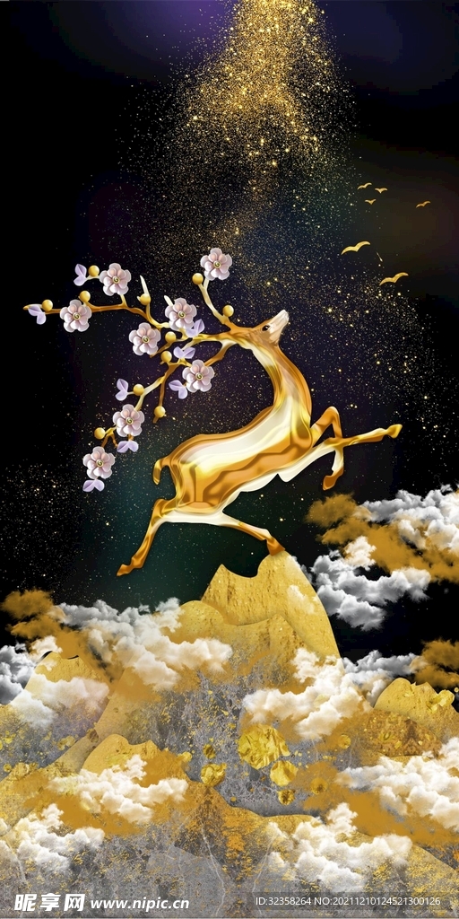 金色麋鹿意境山水装饰画