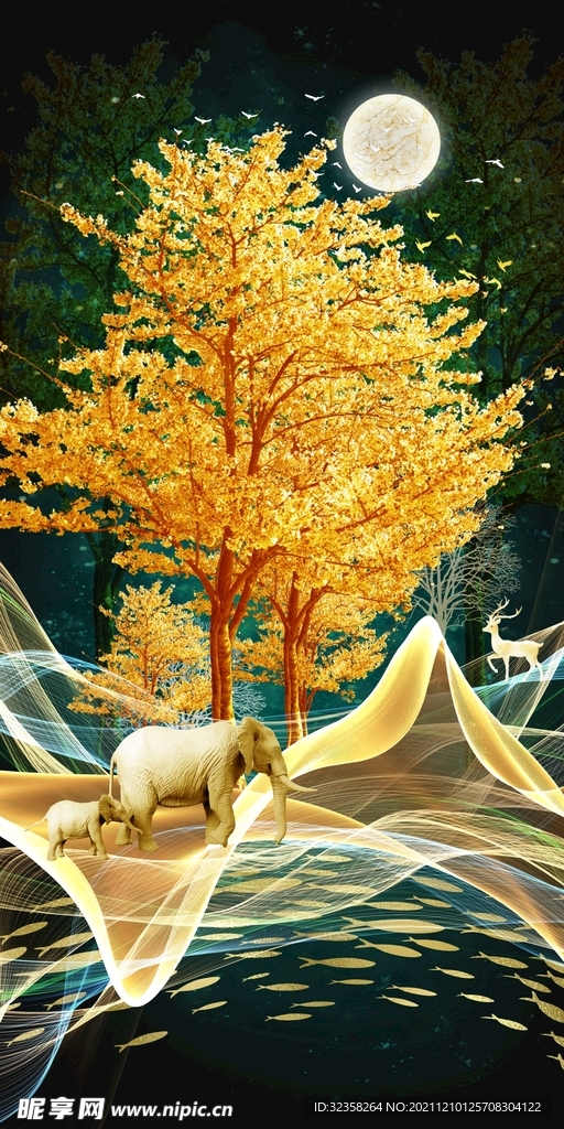 金色飘带麋鹿意境山水玄关装饰画
