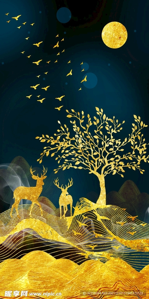金色麋鹿意境山水装饰画