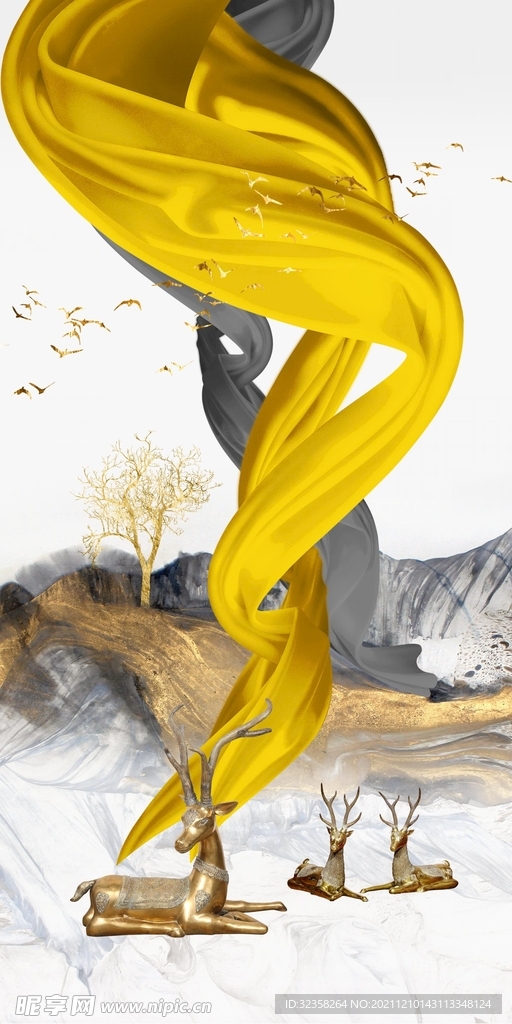 丝带金色麋鹿意境山水装饰画