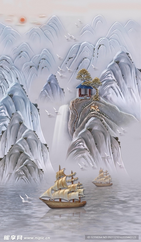 一帆风顺禅意水墨意境山水玄关