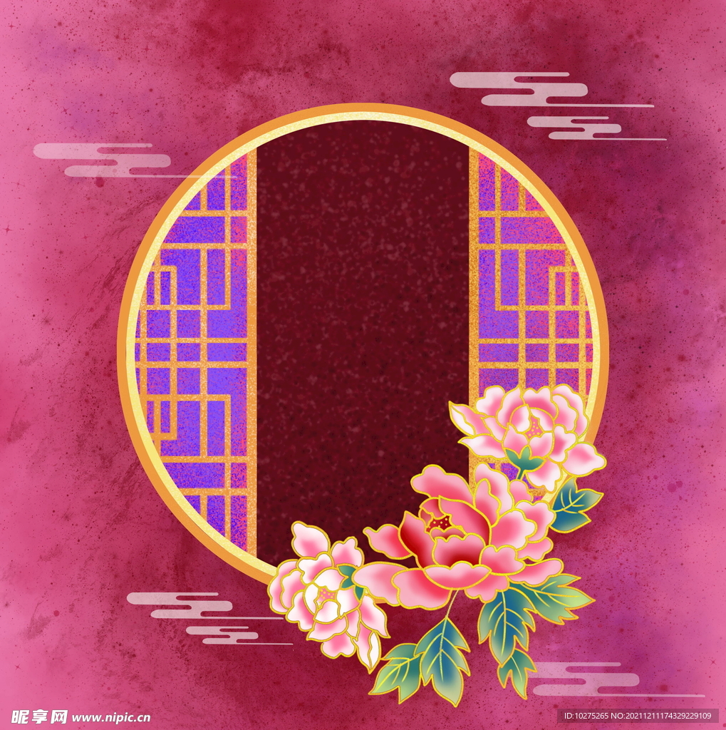手绘中国风牡丹圆形边框背景