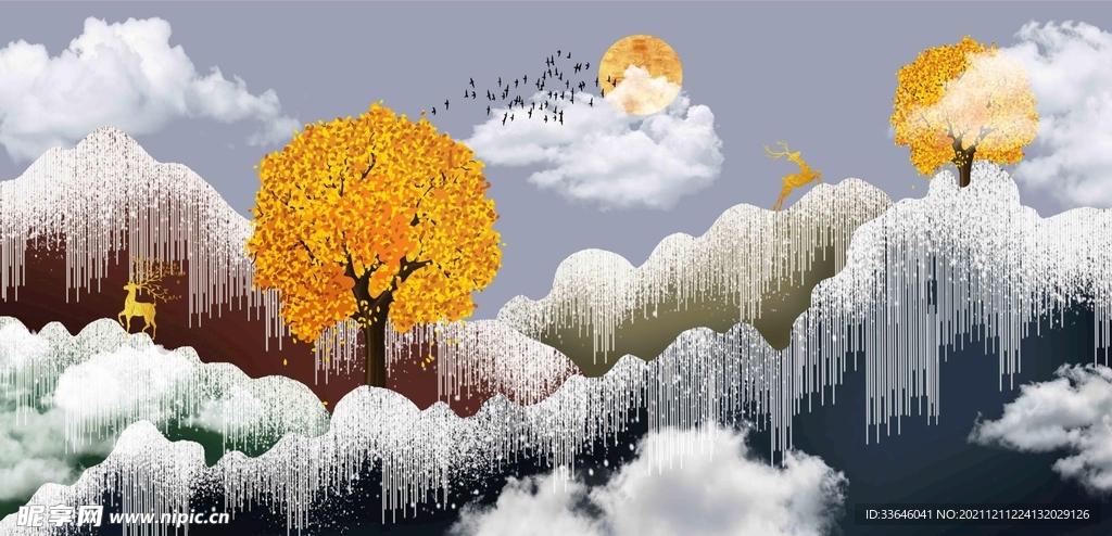 新中式麋鹿山水装饰画