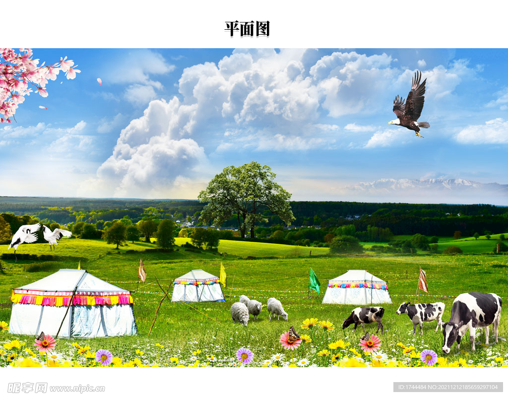 蓝天白云大草原蒙古包风景图片