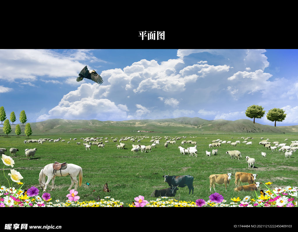 蓝天白云大草原牛羊群风景图片