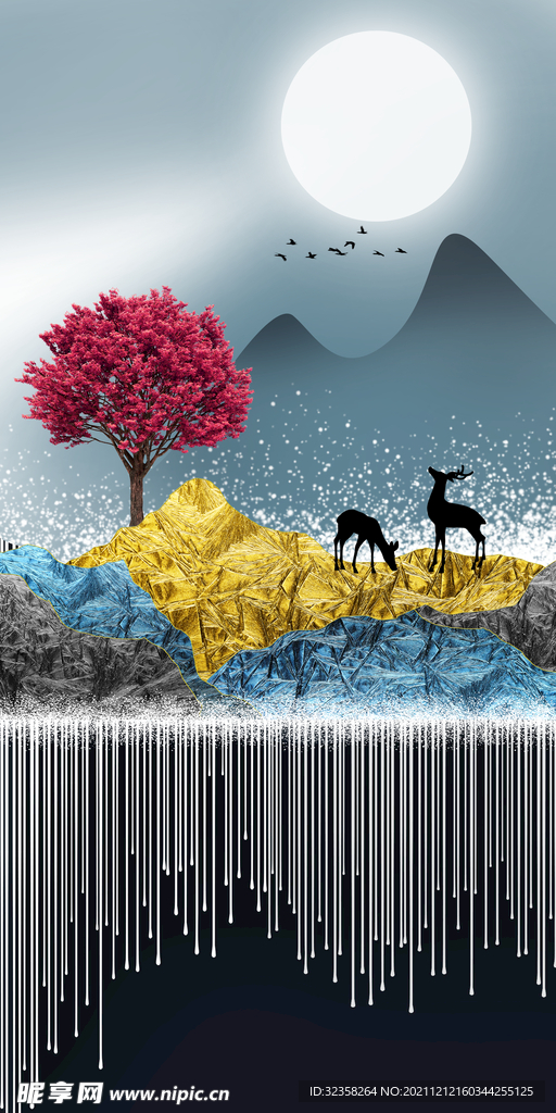 麋鹿线条金色山水玄关