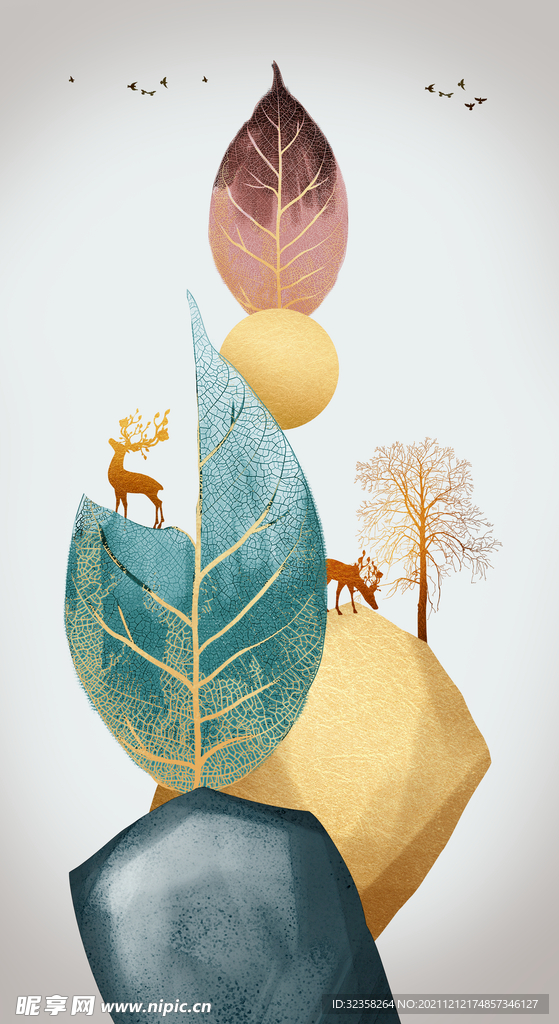 树叶金色麋鹿意境山水装饰画