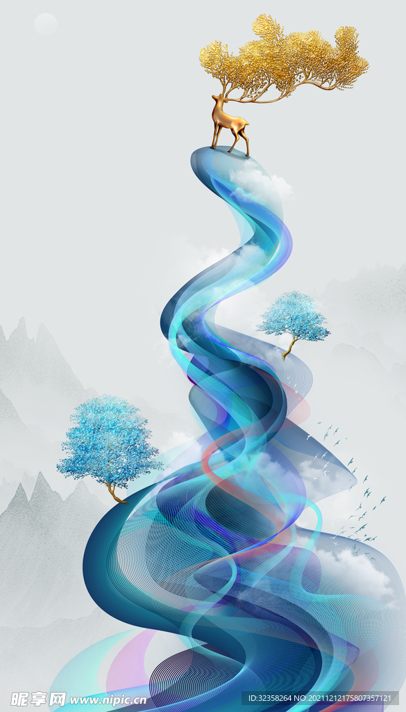 飘带金色麋鹿意境山水装饰画