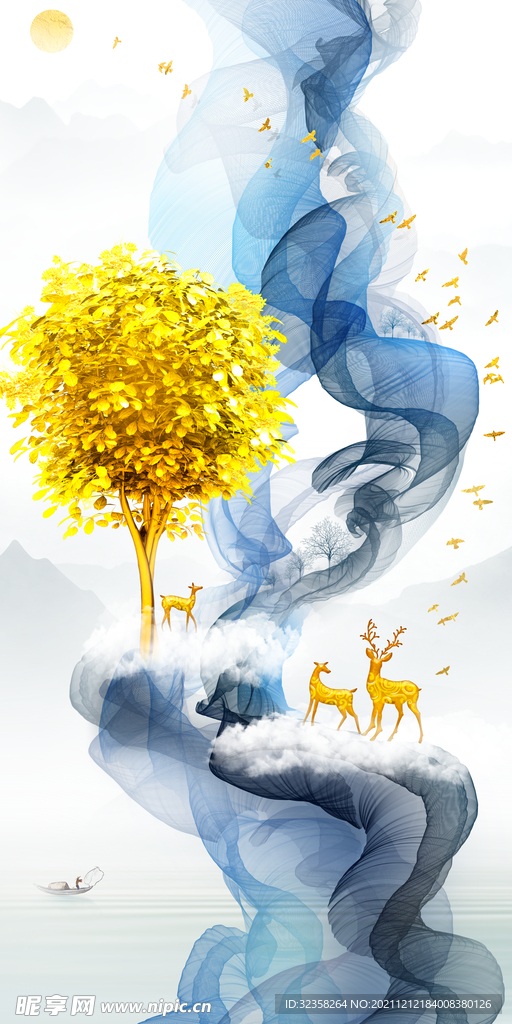 飘带金色麋鹿意境山水装饰画