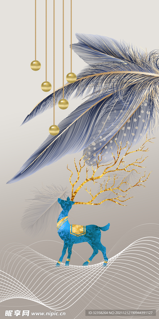金色麋鹿羽毛艺术装饰画