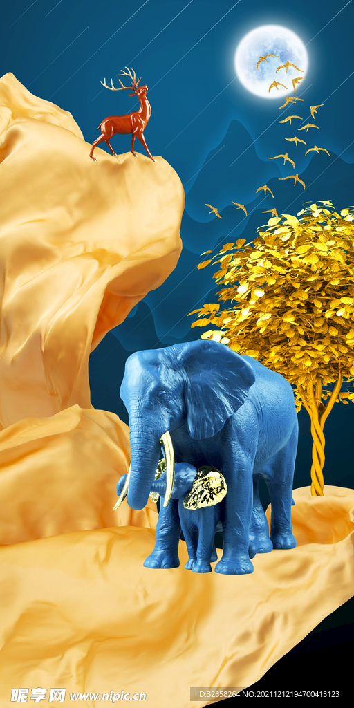 大象金色麋鹿意境装饰画
