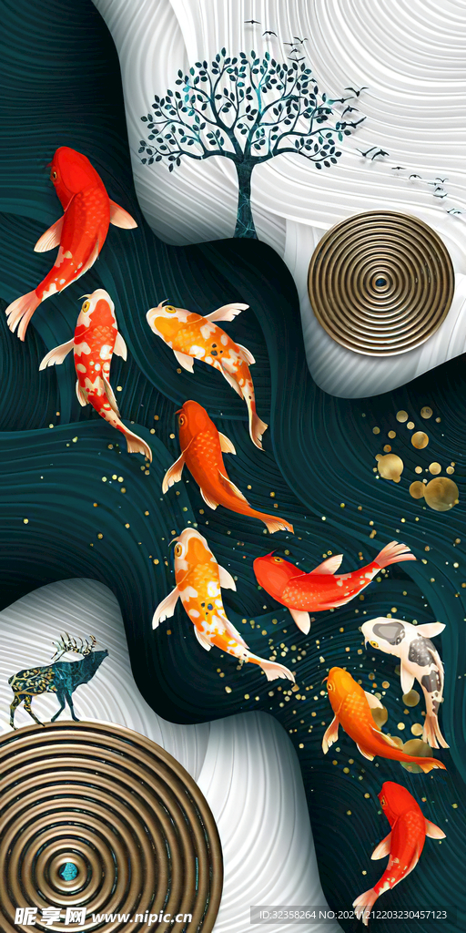 九鱼图金鱼鲤鱼年年有鱼装饰画