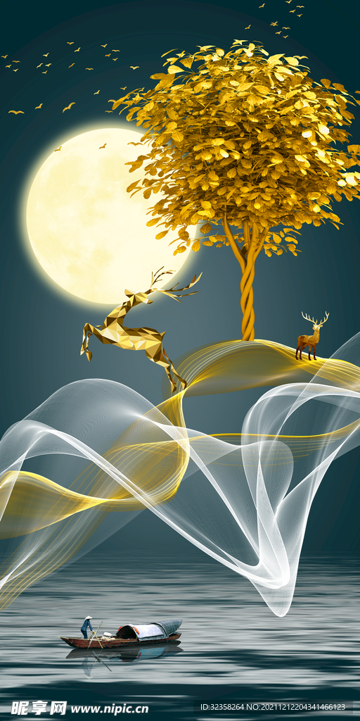 丝带金色麋鹿意境山水装饰画