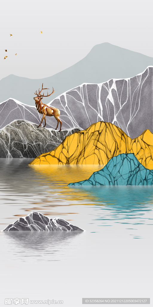 金色线条麋鹿意境山水装饰画