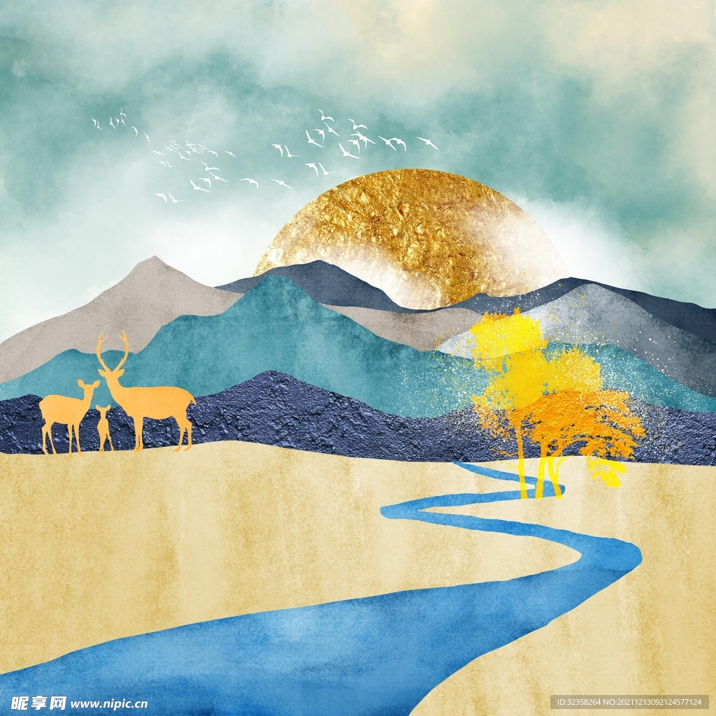 北欧现代艺术抽象手绘风景玄关画