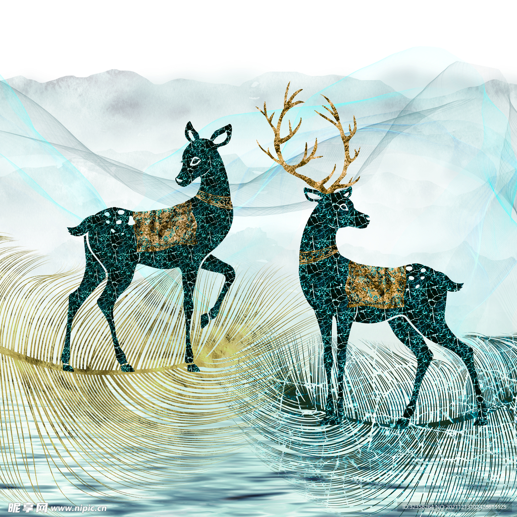 珐琅彩麋鹿意境山水装饰画