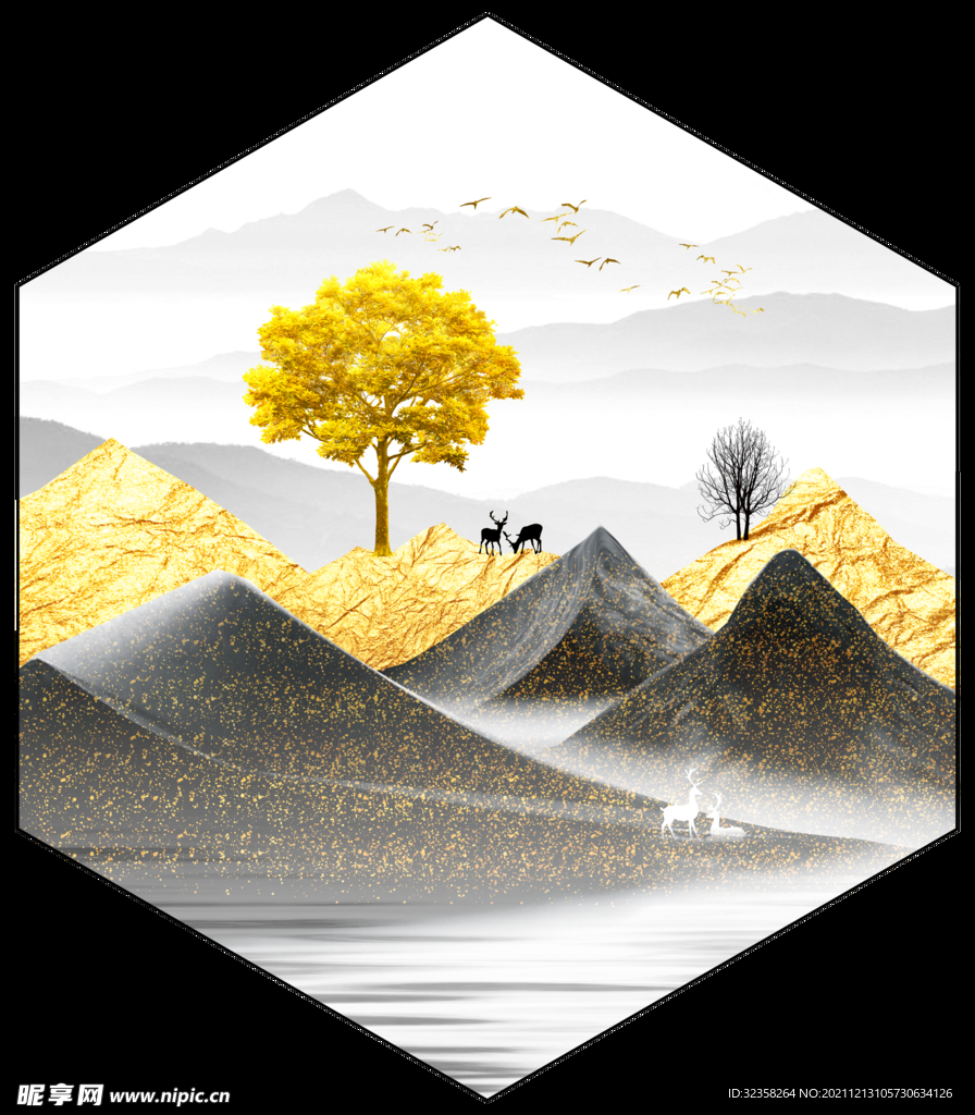 金色麋鹿山水意境晶瓷画
