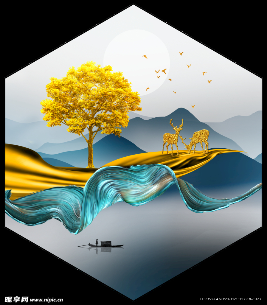 金色麋鹿山水意境晶瓷画