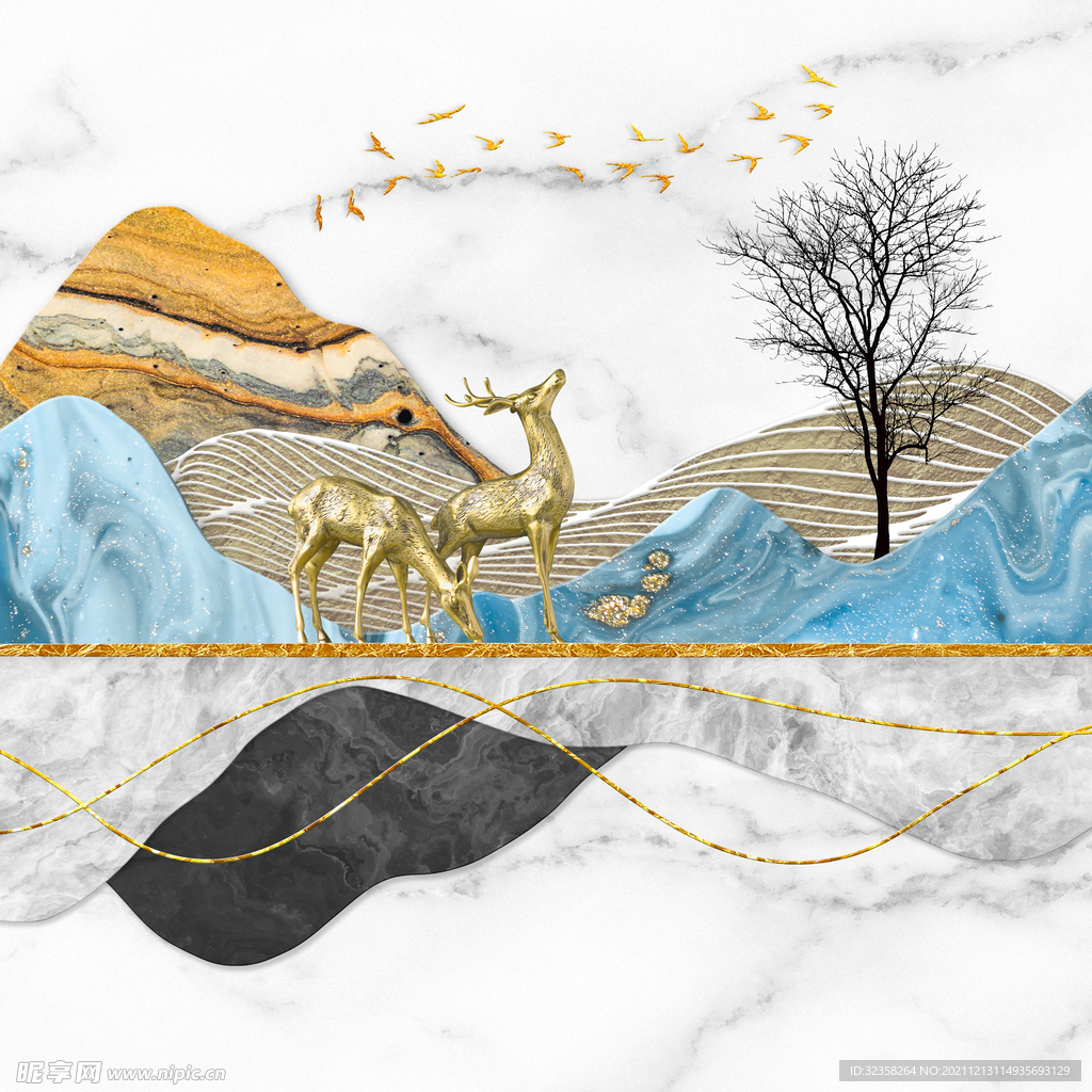 金色麋鹿意境山水装饰画