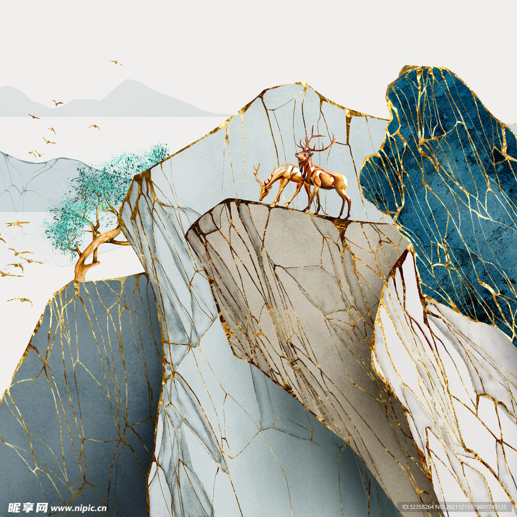 金色麋鹿意境山水装饰画