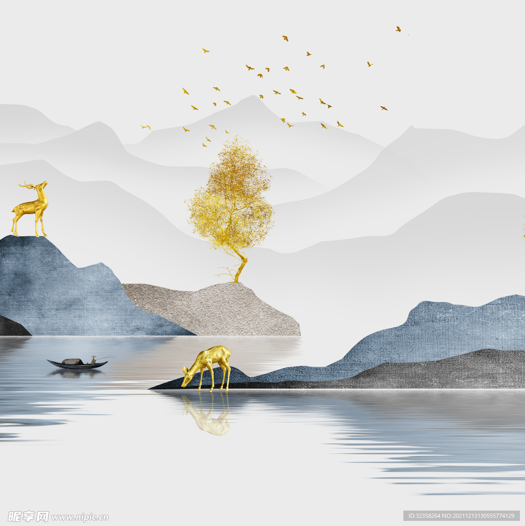 金色麋鹿意境山水装饰画