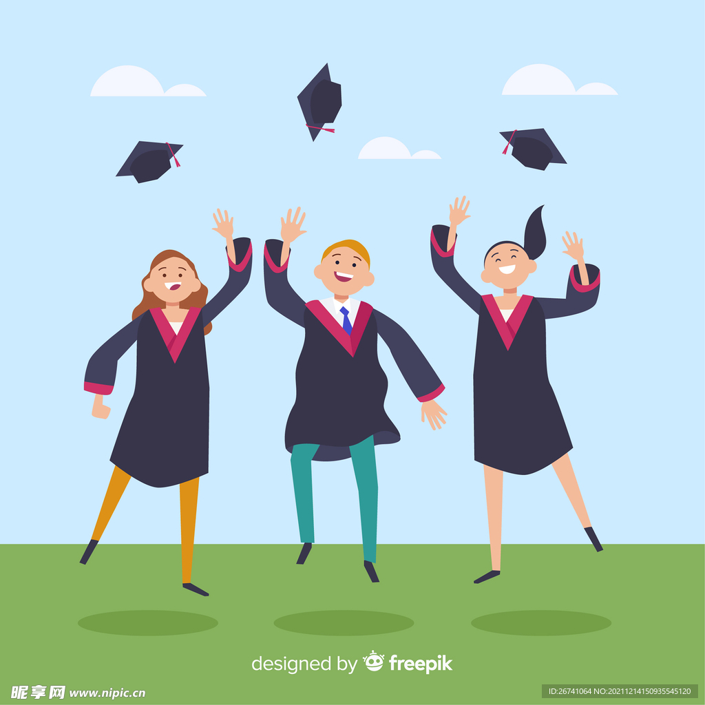 毕业学生学士帽矢量扁平插画