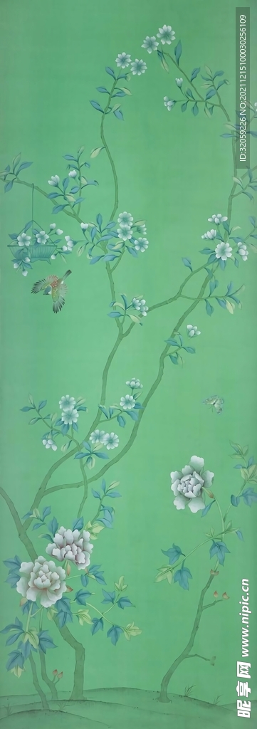 绿色花朵鸟中国风手绘背景