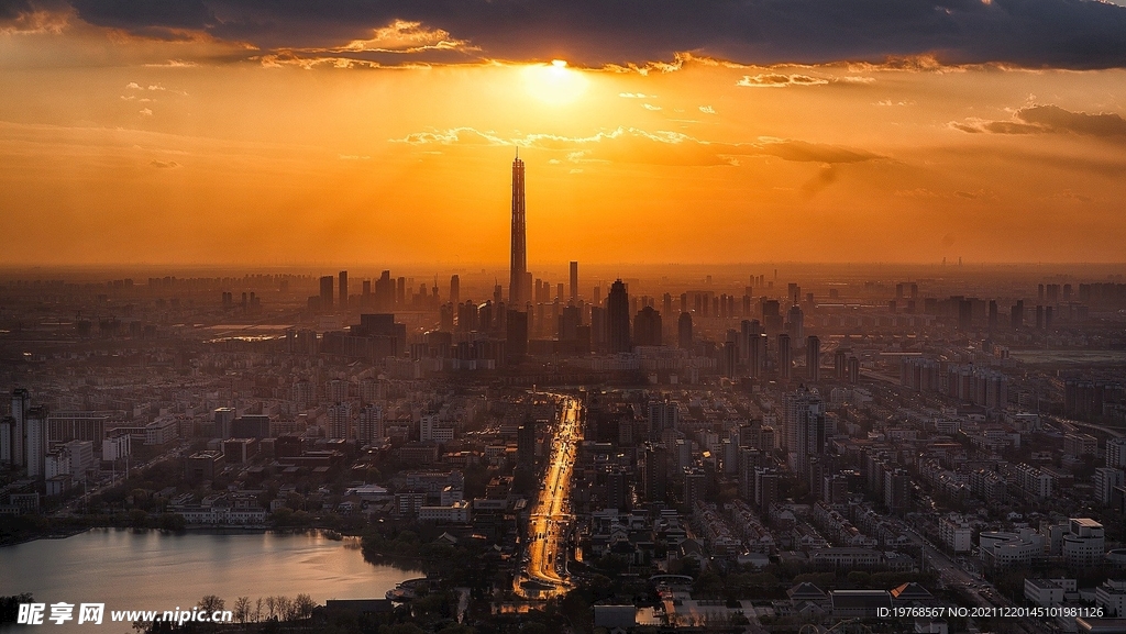 天津鸟瞰图日落景观